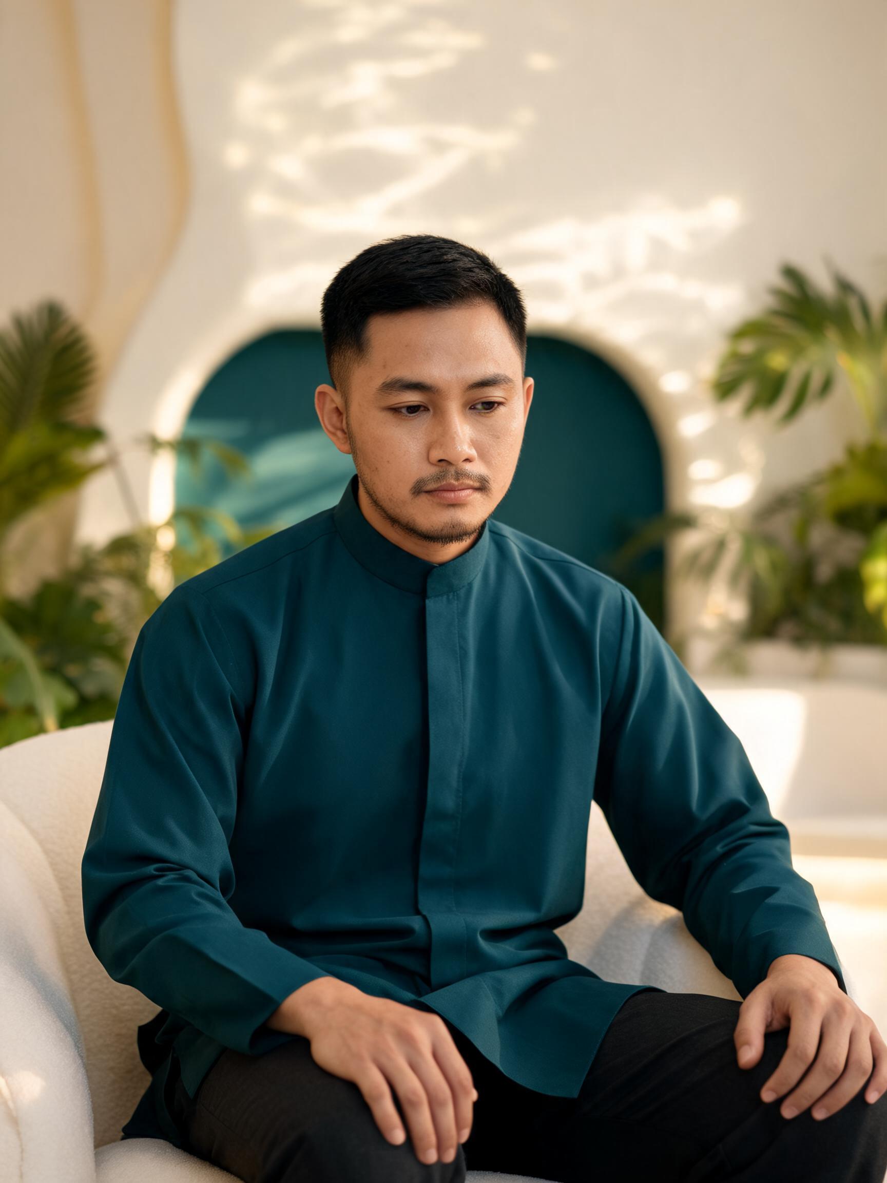 Lelaki Malaysia berpakaian baju Melayu berwarna biru kehijauan.