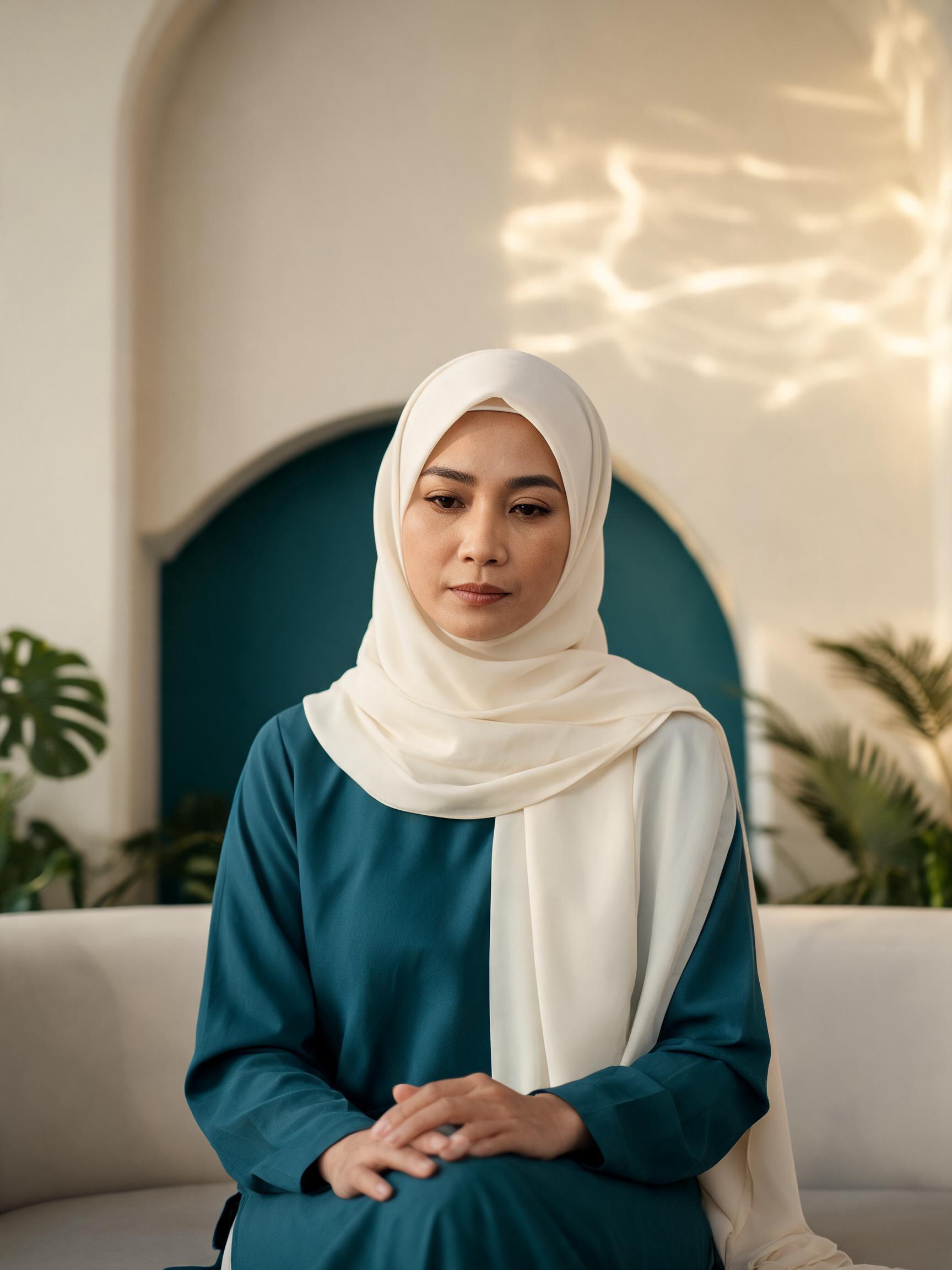 Wanita Malaysia bertudung krim dan berbaju kurung berwarna biru kehijauan.